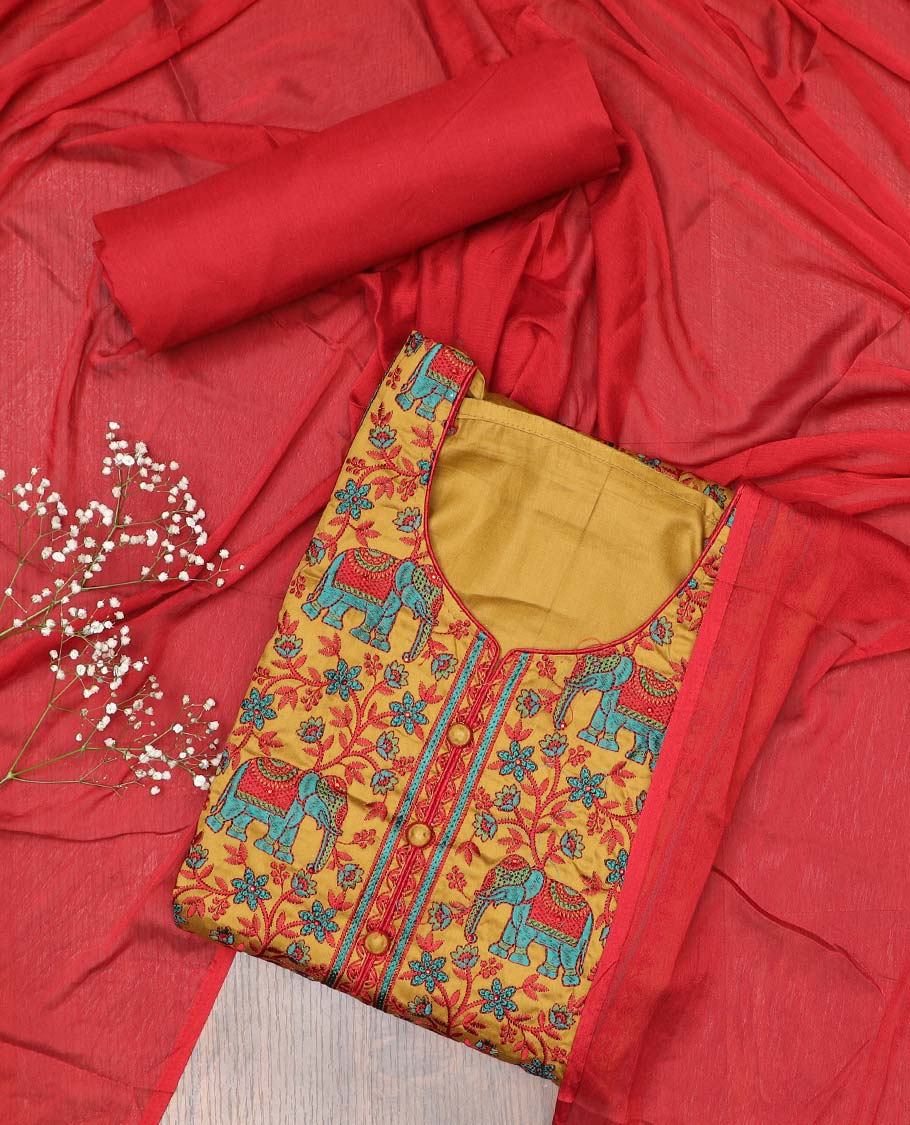 Mustard chudidhar material set, floral vine & elephant motifs embroidered top, contrast plain bottom & solid dupatta