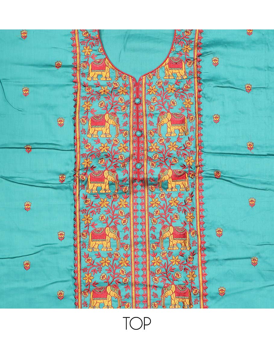Blue chudidhar material set, floral vine & elephant motifs embroidered top, contrast plain bottom & solid dupatta