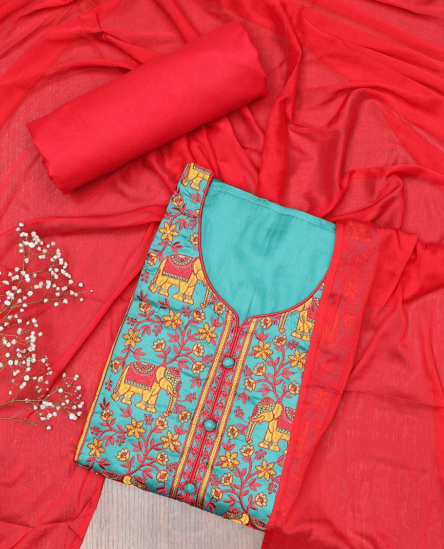 Blue chudidhar material set, floral vine & elephant motifs embroidered top, contrast plain bottom & solid dupatta