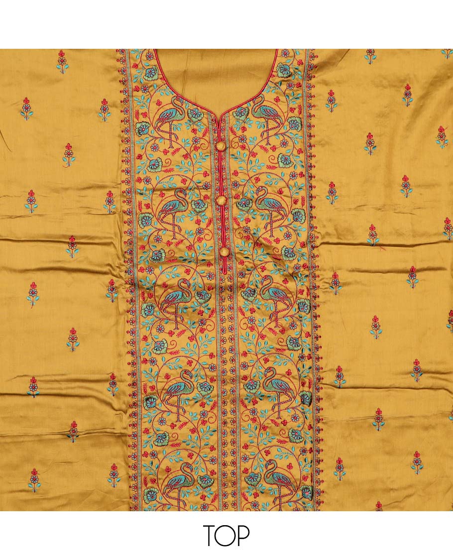 Mustard chudidhar material, floral & bird motifs embroidered top, contrast plain bottom & solid dupatta