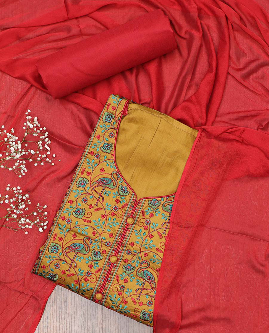 Mustard chudidhar material, floral & bird motifs embroidered top, contrast plain bottom & solid dupatta