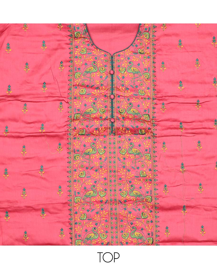 Pink chudidhar material, floral & bird motifs embroidered top, contrast plain bottom & solid dupatta