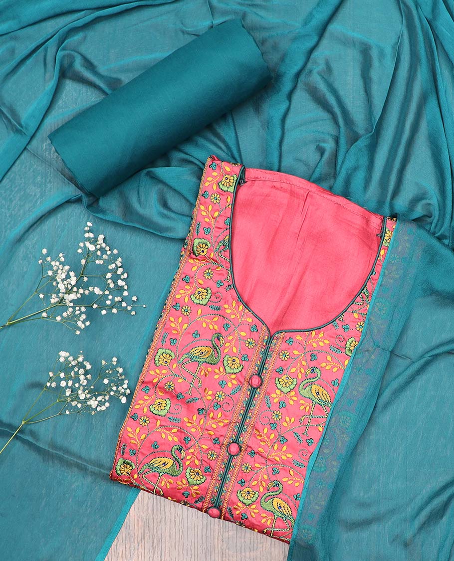 Pink chudidhar material, floral & bird motifs embroidered top, contrast plain bottom & solid dupatta
