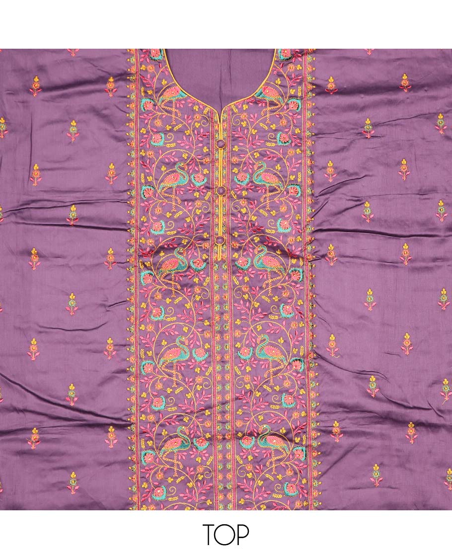 Purple chudidhar material, floral & bird motifs embroidered top, contrast plain bottom & solid dupatta