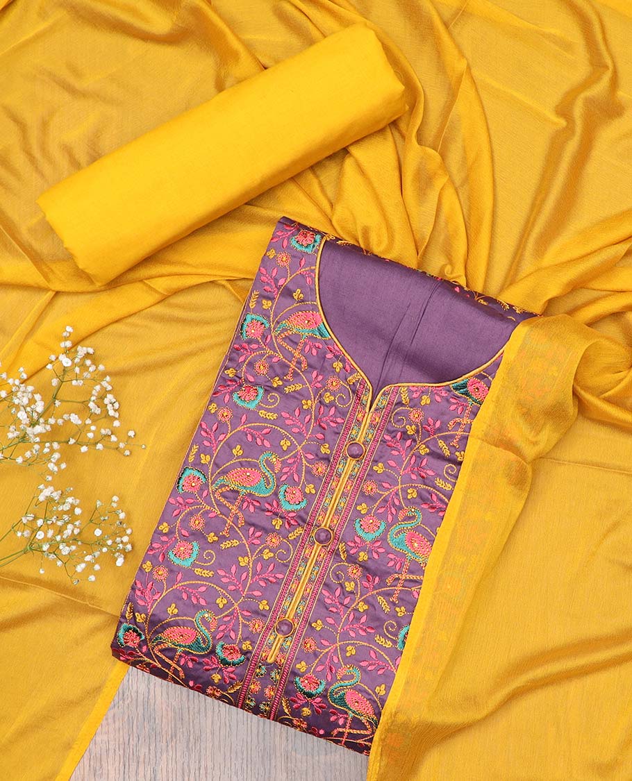 Purple chudidhar material, floral & bird motifs embroidered top, contrast plain bottom & solid dupatta