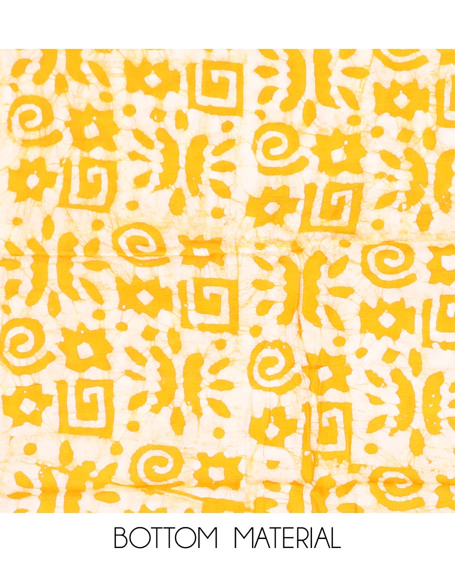 Yellow chudidhar material set, geometric batik printed cotton top, contrast batik printed bottom & dupatta