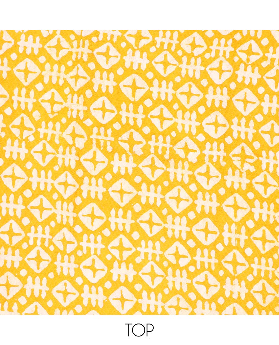 Yellow chudidhar material set, geometric batik printed cotton top, contrast batik printed bottom & dupatta