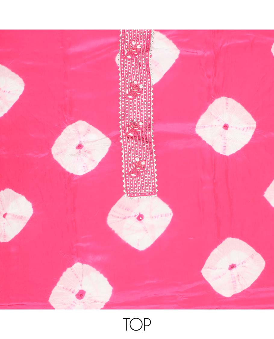 Pink chudidhar material set, shibori print & embroidery top, plain bottom & shibori printed dupatta