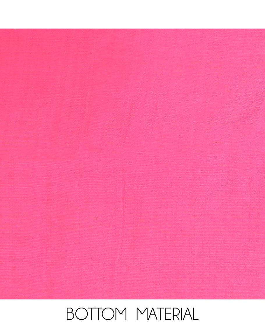 Pink chudidhar material set, shibori print & embroidery top, plain bottom & shibori printed dupatta