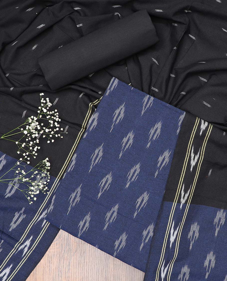 Blue chudidhar material set, ikkat print cotton top, contrast plain bottom & ikkat printed dupatta