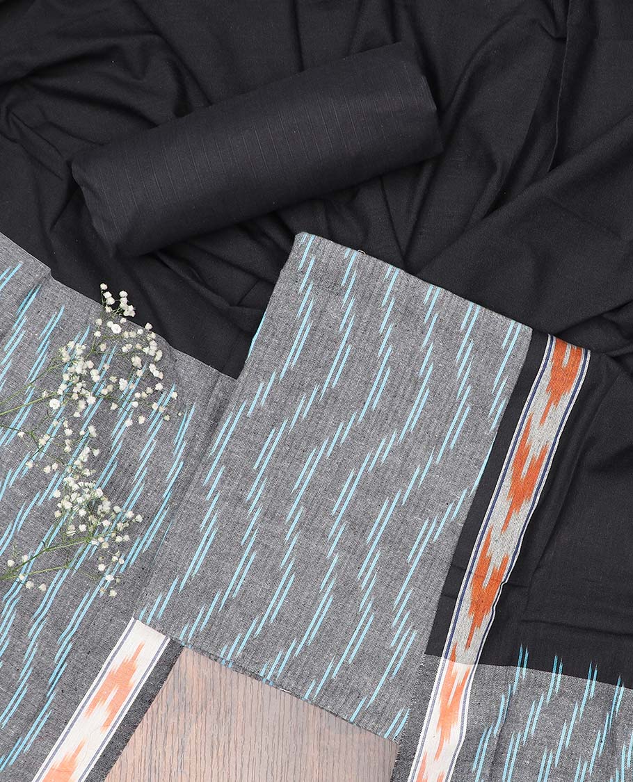 Grey chudidhar material set, zig-zag striped cotton top, contrast plain bottom & zig-zag striped dupatta