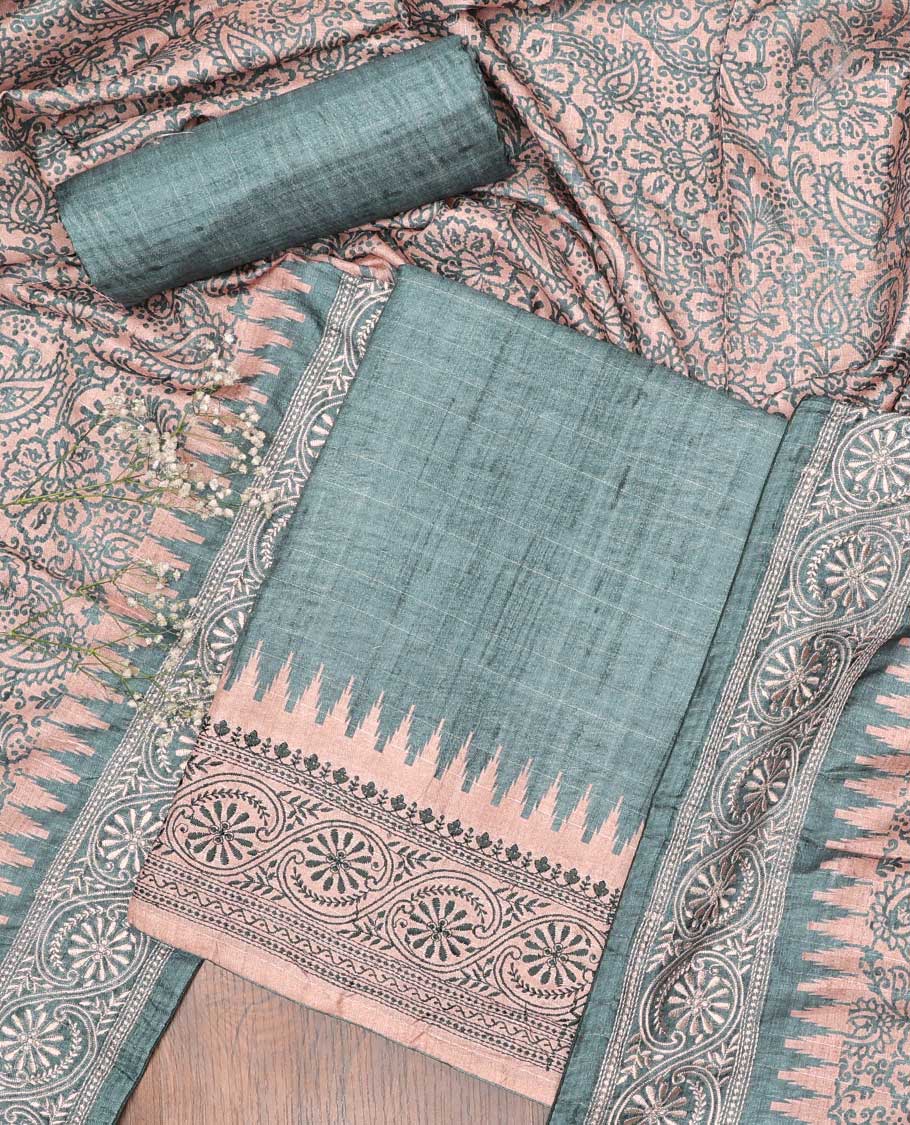 Green chudidhar material set, plain cotton top, plain bottom & floral printed dupatta
