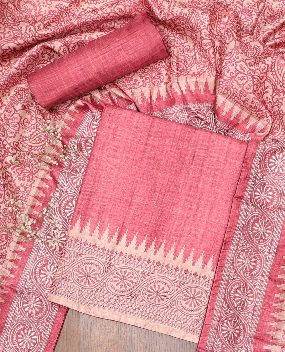 Pink chudidhar material set, plain cotton top, plain bottom & floral printed dupatta