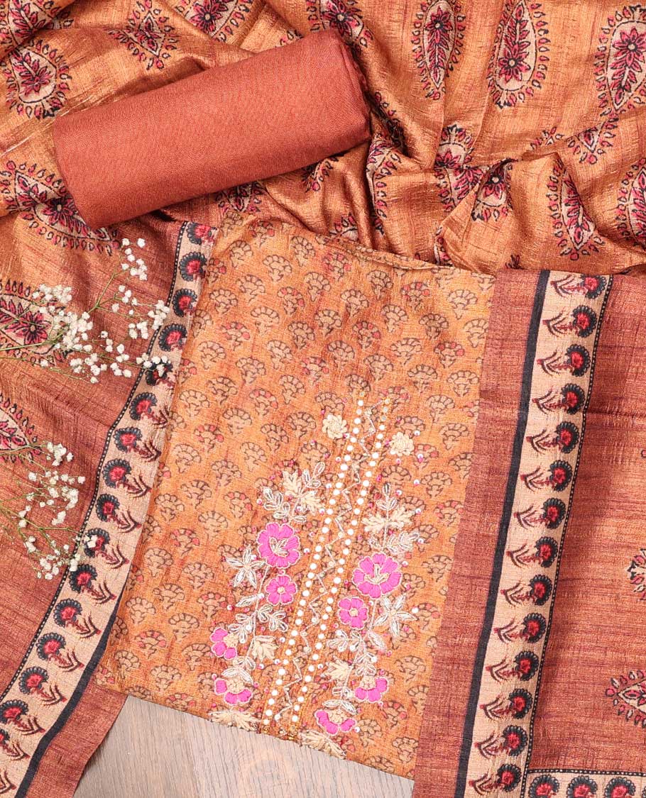 Orange chudidhar material set, floral embroidery top, plain bottom & floral printed dupatta