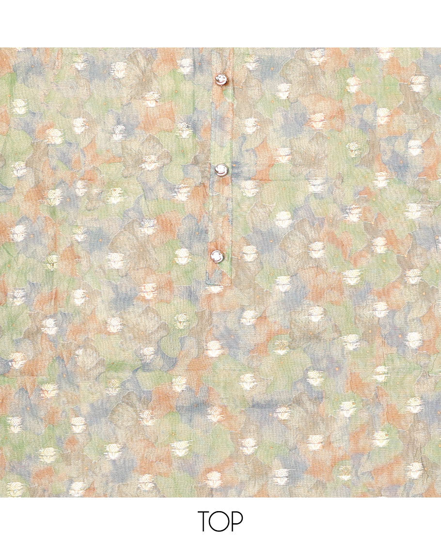 Multi-color chudidhar material set, abstract printed & embroidery top, contrast plain bottom & chevron dupatta