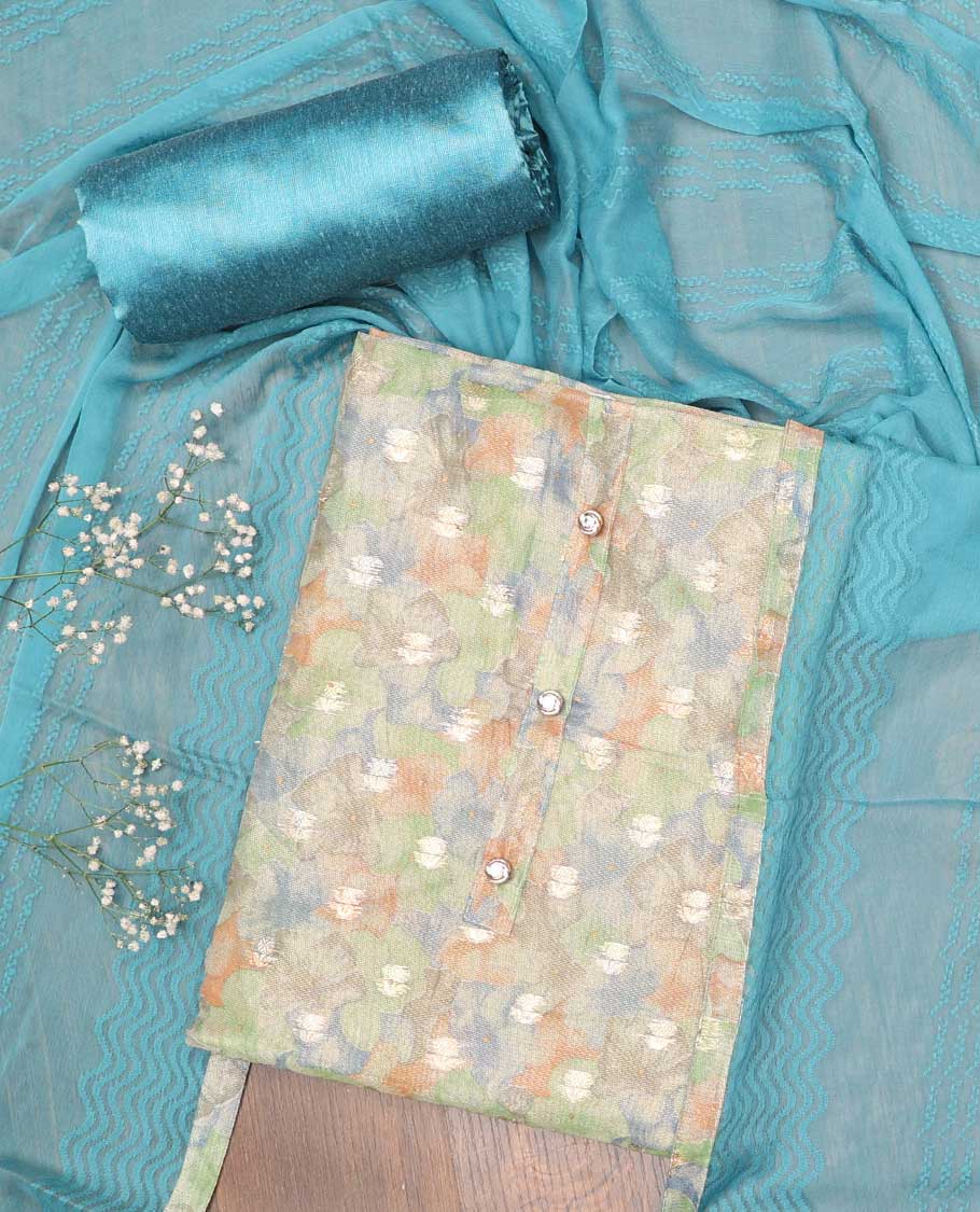 Multi-color chudidhar material set, abstract printed & embroidery top, contrast plain bottom & chevron dupatta