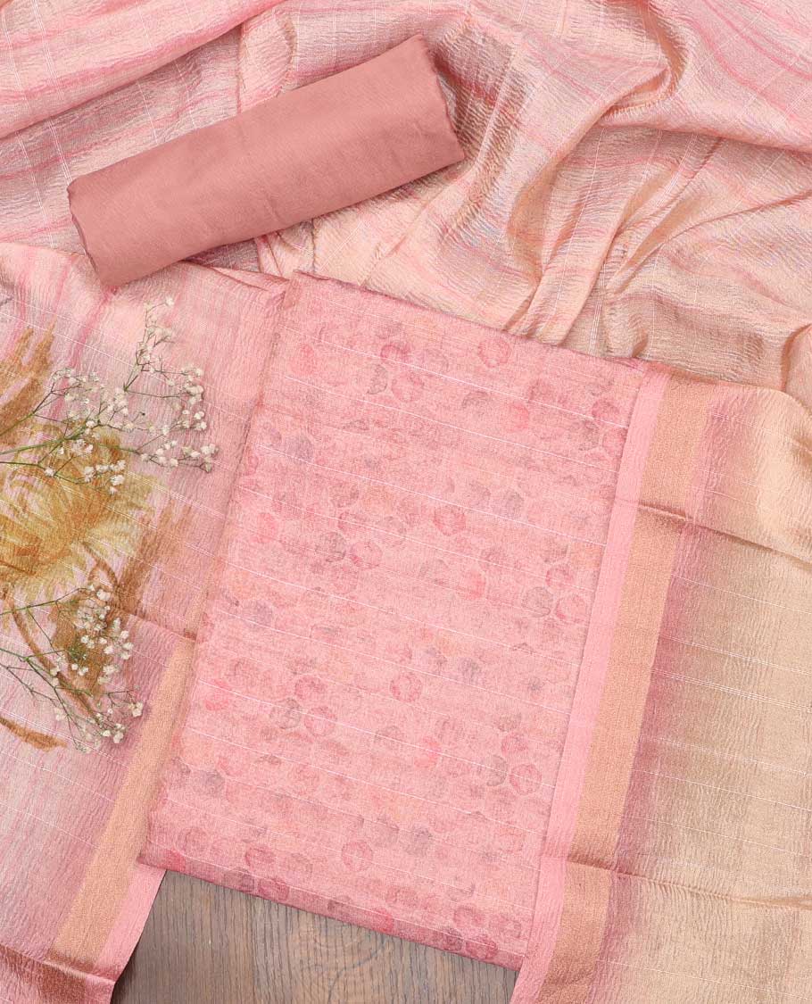 Pink chudidhar material set, geometric printed top, plain bottom & striped dupatta