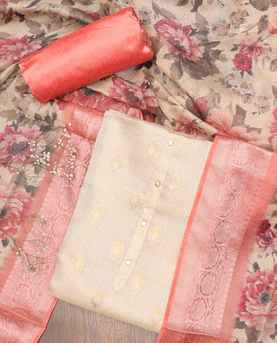 Sandal chudidhar material set, buttas & embroidery top, contrast plain bottom & floral printed dupatta
