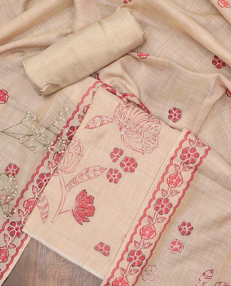 Sandal chudidhar material set, floral printed & thread work top, plain bottom & floral printed & thread work dupatta