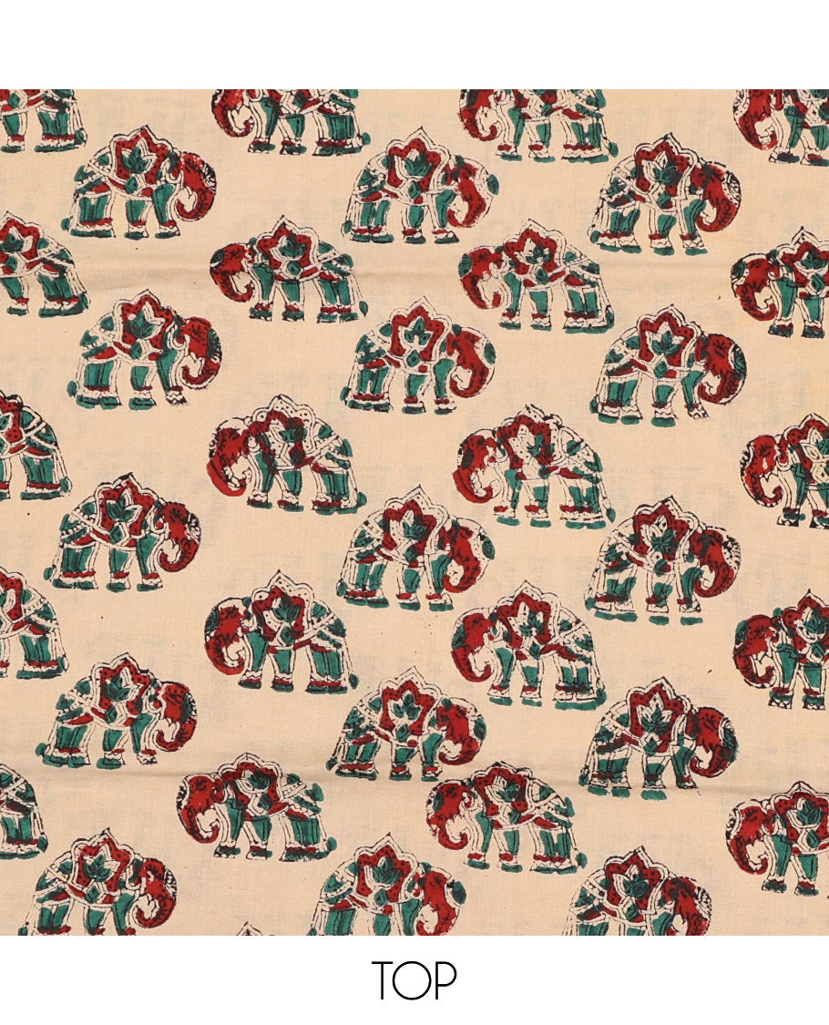 Sandal chudidhar material set, elephant motifs printed top, contrast plain bottom & paisley printed dupatta