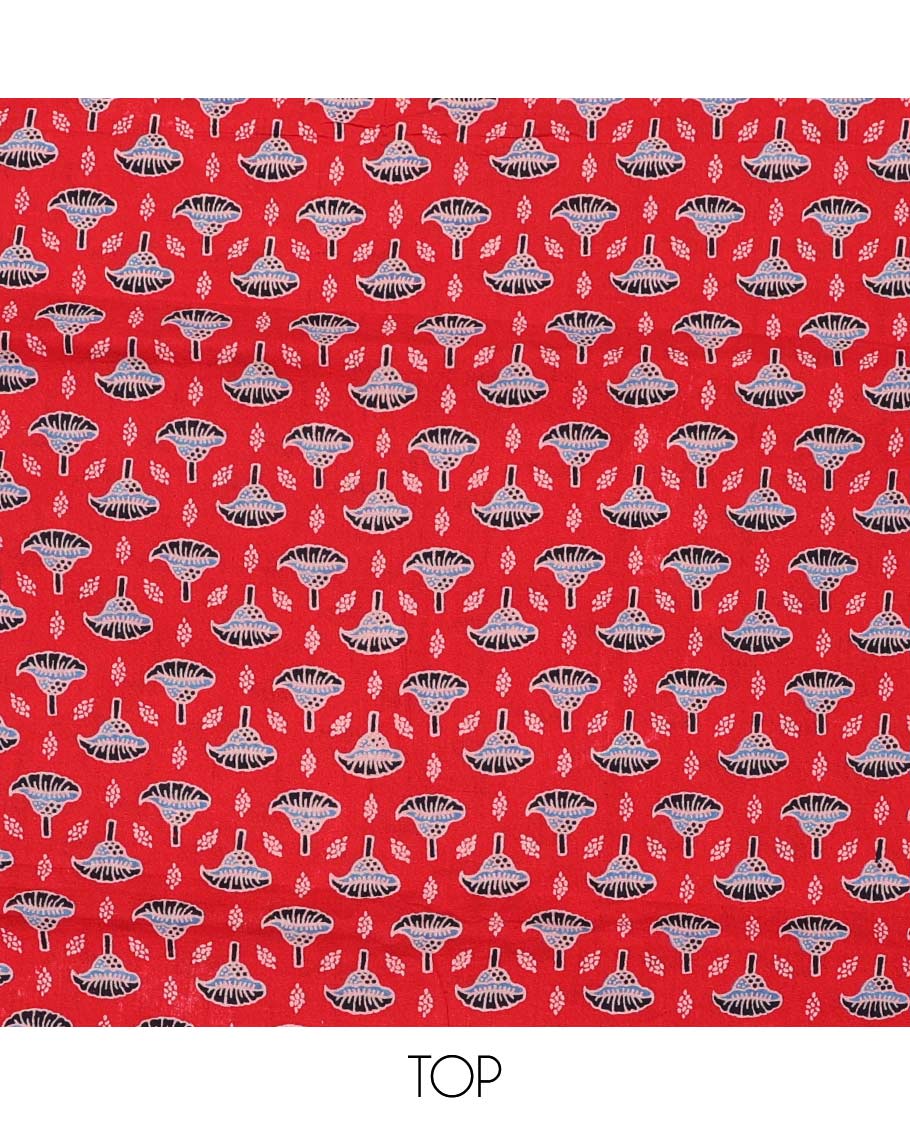 Red chudidhar material set, floral motifs printed top, contrast plain bottom & uniquely printed dupatta