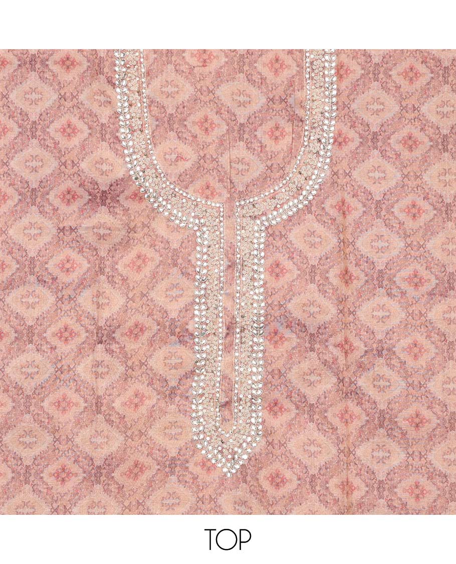 Peach chudidhar material set, jaal print & embroidered top, contrast plain bottom & sequins embroidered dupatta