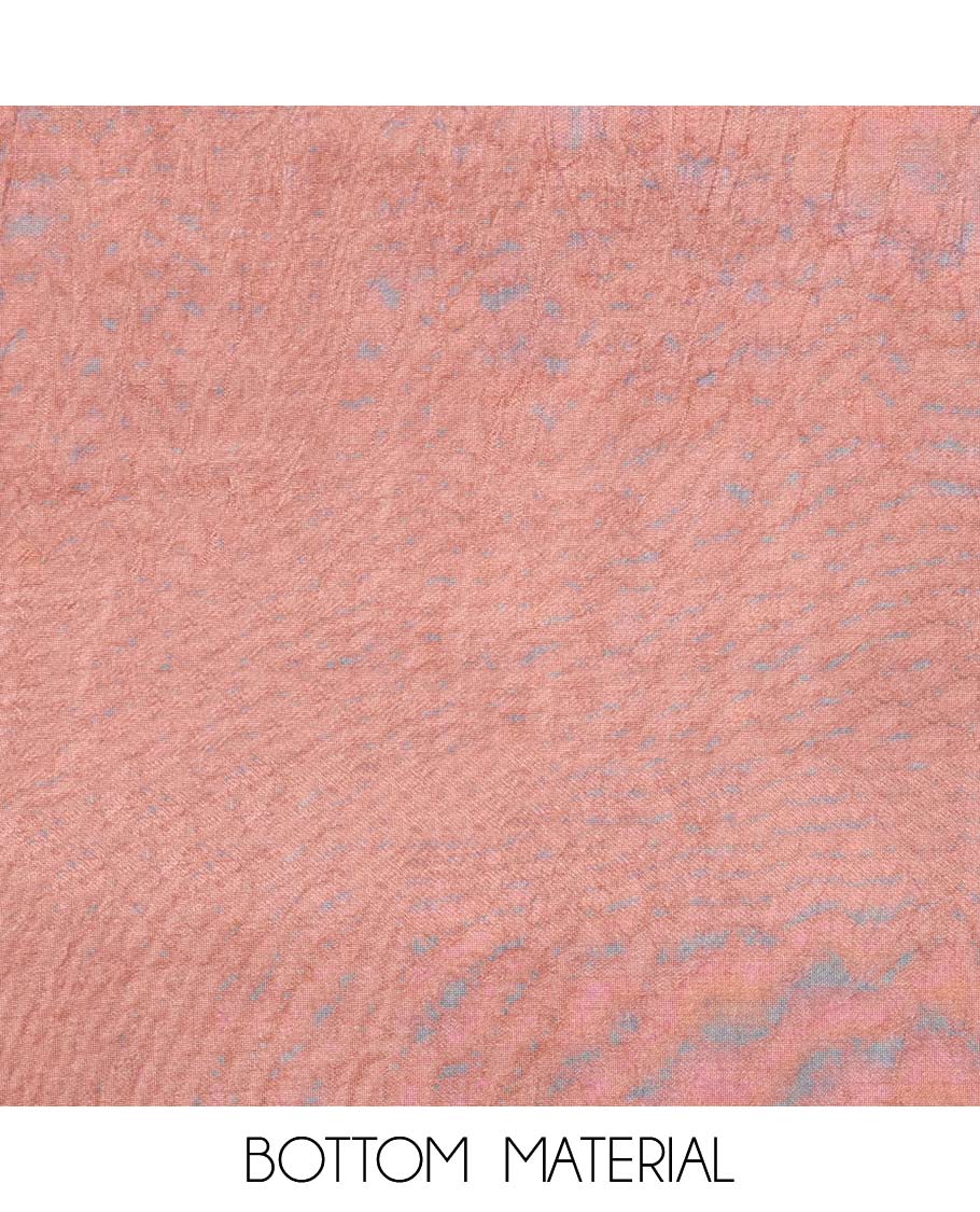 Peach chudidhar material set, jaal print & embroidered top, contrast plain bottom & sequins embroidered dupatta