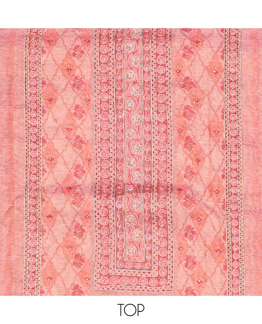 Pink chudidhar material set, geometric print & embroidered top, plain bottom & uniquely printed dupatta