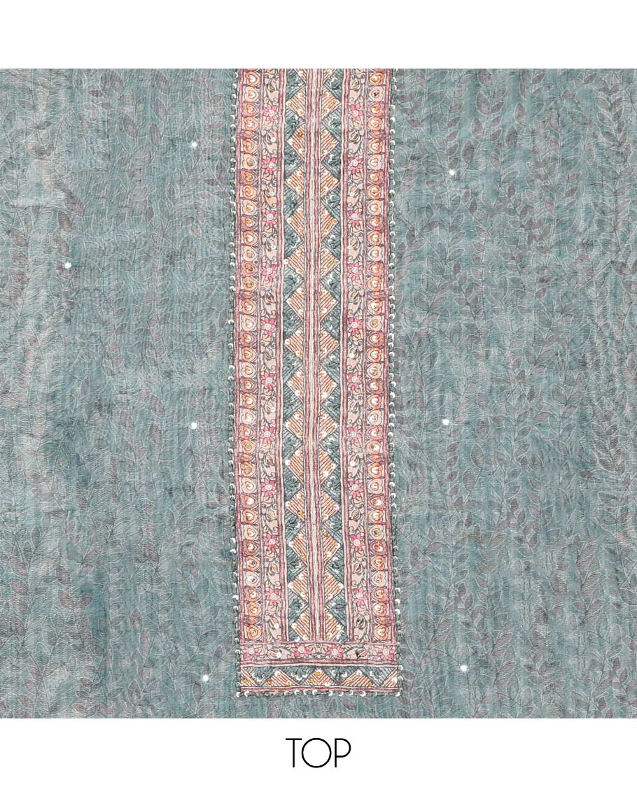 Grey chudidhar material set, Madhubani printed & embroidered top, contrast plain bottom & Madhubani printed dupatta