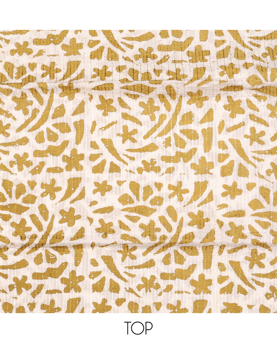 Mustard chudidhar material set, batik printed & sequins work top, contrast plain bottom & batik printed dupatta