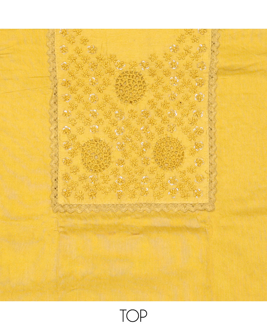 Yellow chudidhar material set, embroidered top, batik printed bottom & batik printed dupatta