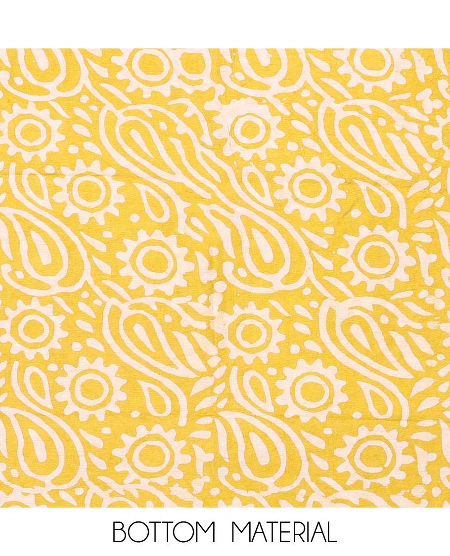 Yellow chudidhar material set, embroidered top, batik printed bottom & batik printed dupatta