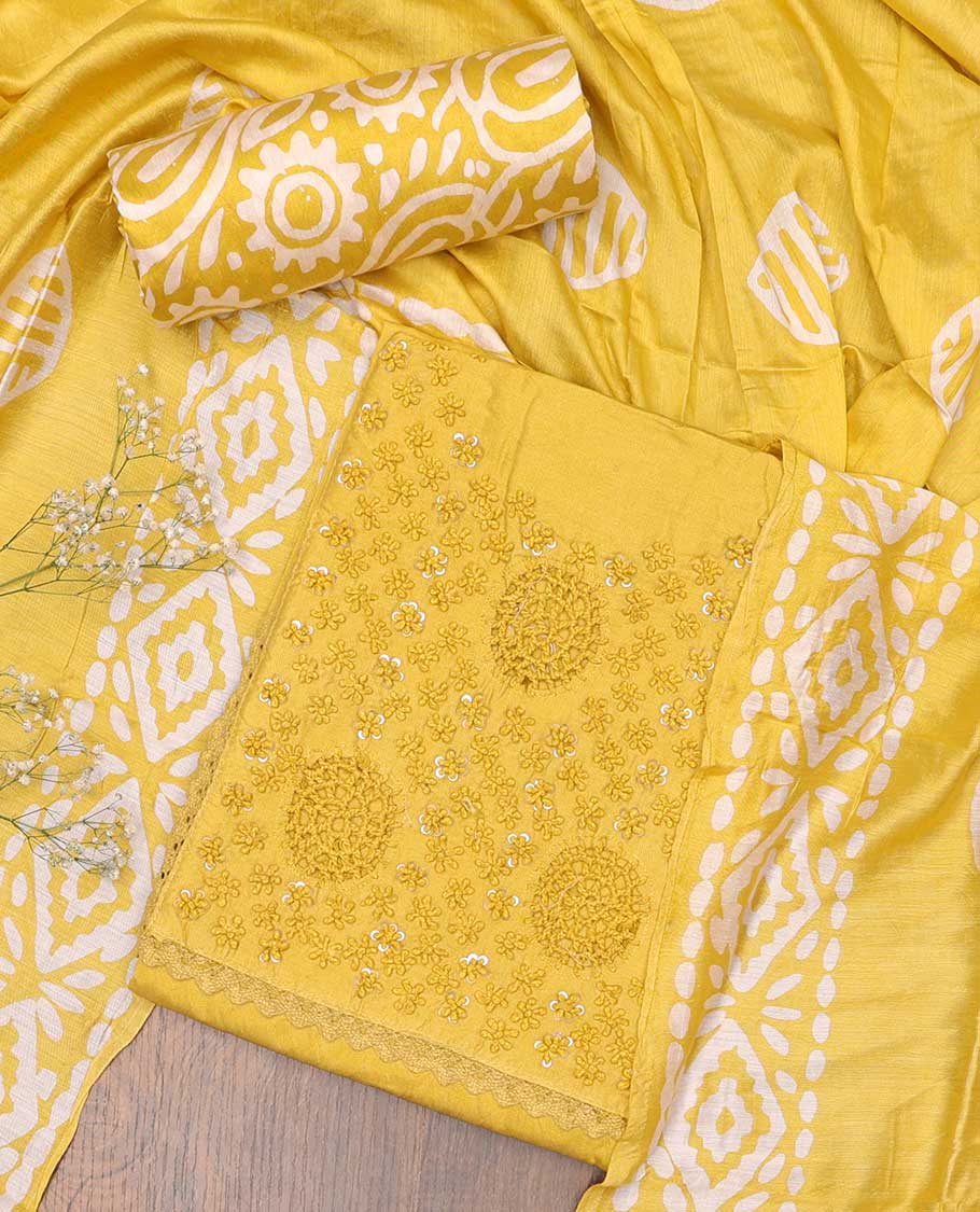 Yellow chudidhar material set, embroidered top, batik printed bottom & batik printed dupatta