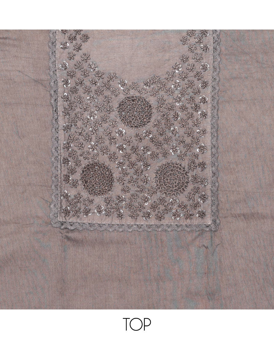 Grey chudidhar material set, embroidered top, batik printed bottom & batik printed dupatta