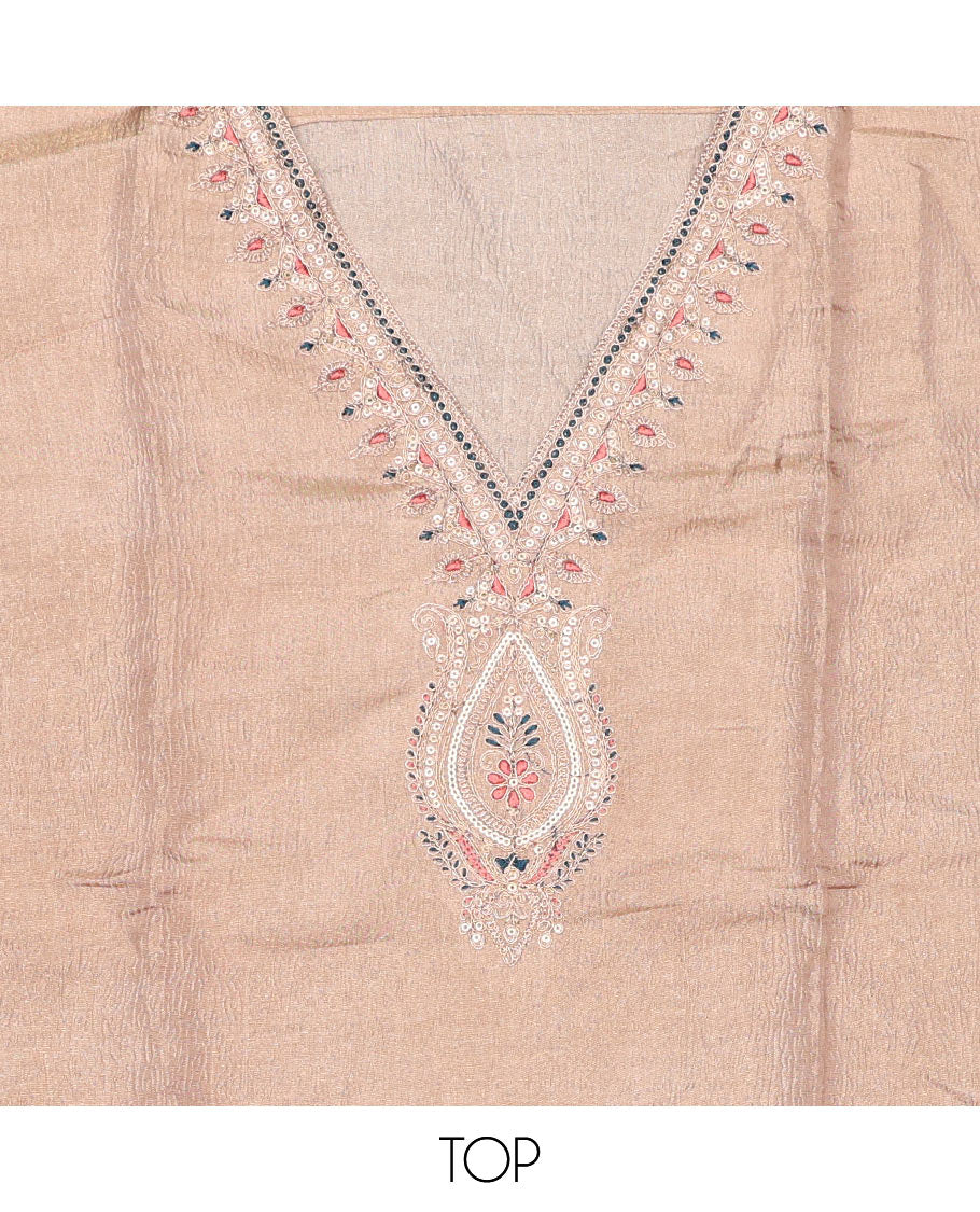 Sandal chudidhar material set, v-neck embroidered top, plain bottom & floral printed dupatta
