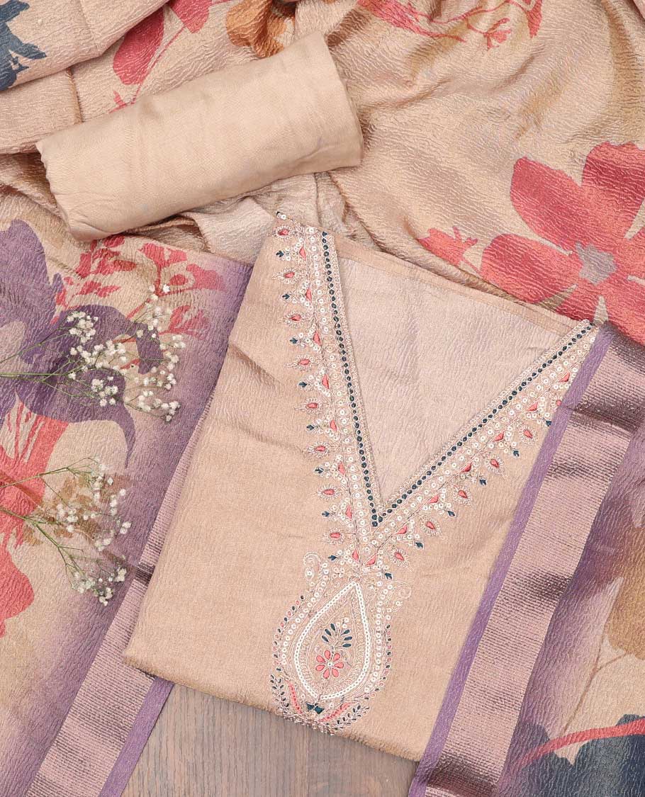 Sandal chudidhar material set, v-neck embroidered top, plain bottom & floral printed dupatta