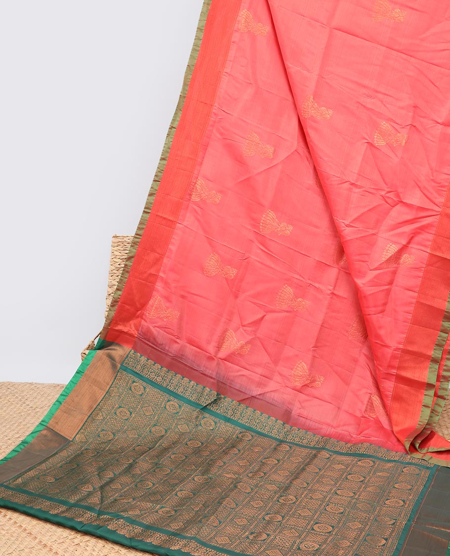 Pink uppada saree with zari buttas, plain border & contrast pallu features traditional kanchi motifs