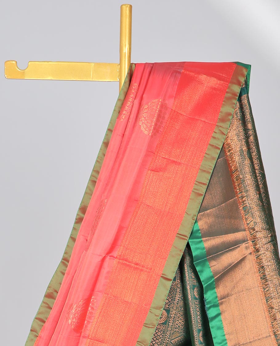 Pink uppada saree with zari buttas, plain border & contrast pallu features traditional kanchi motifs