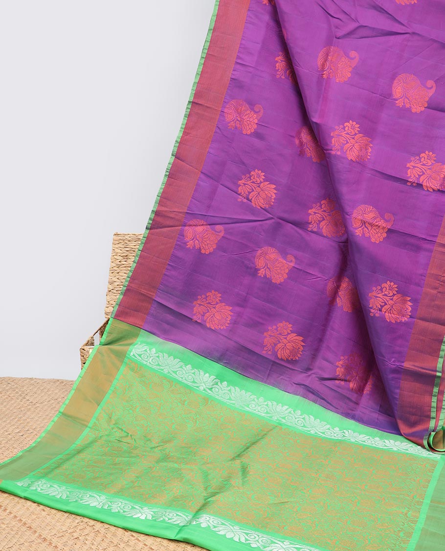Purple uppada saree with zari buttas, contrast plain border & intricate pallu