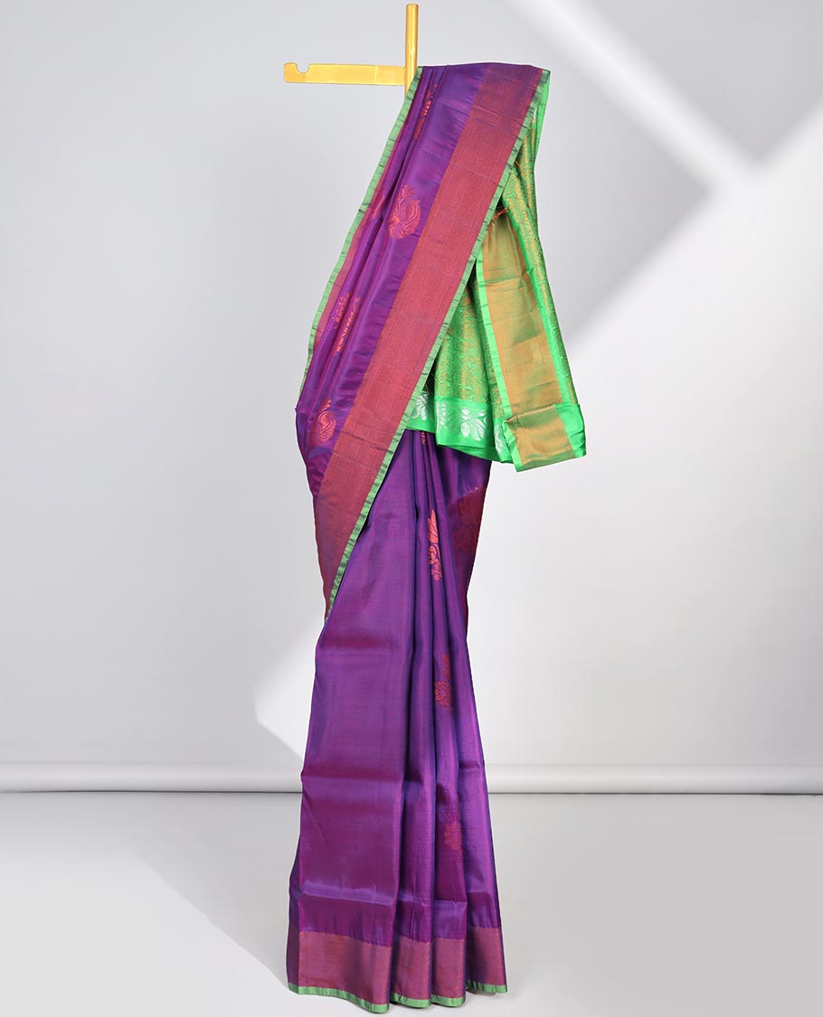 Purple uppada saree with zari buttas, contrast plain border & intricate pallu