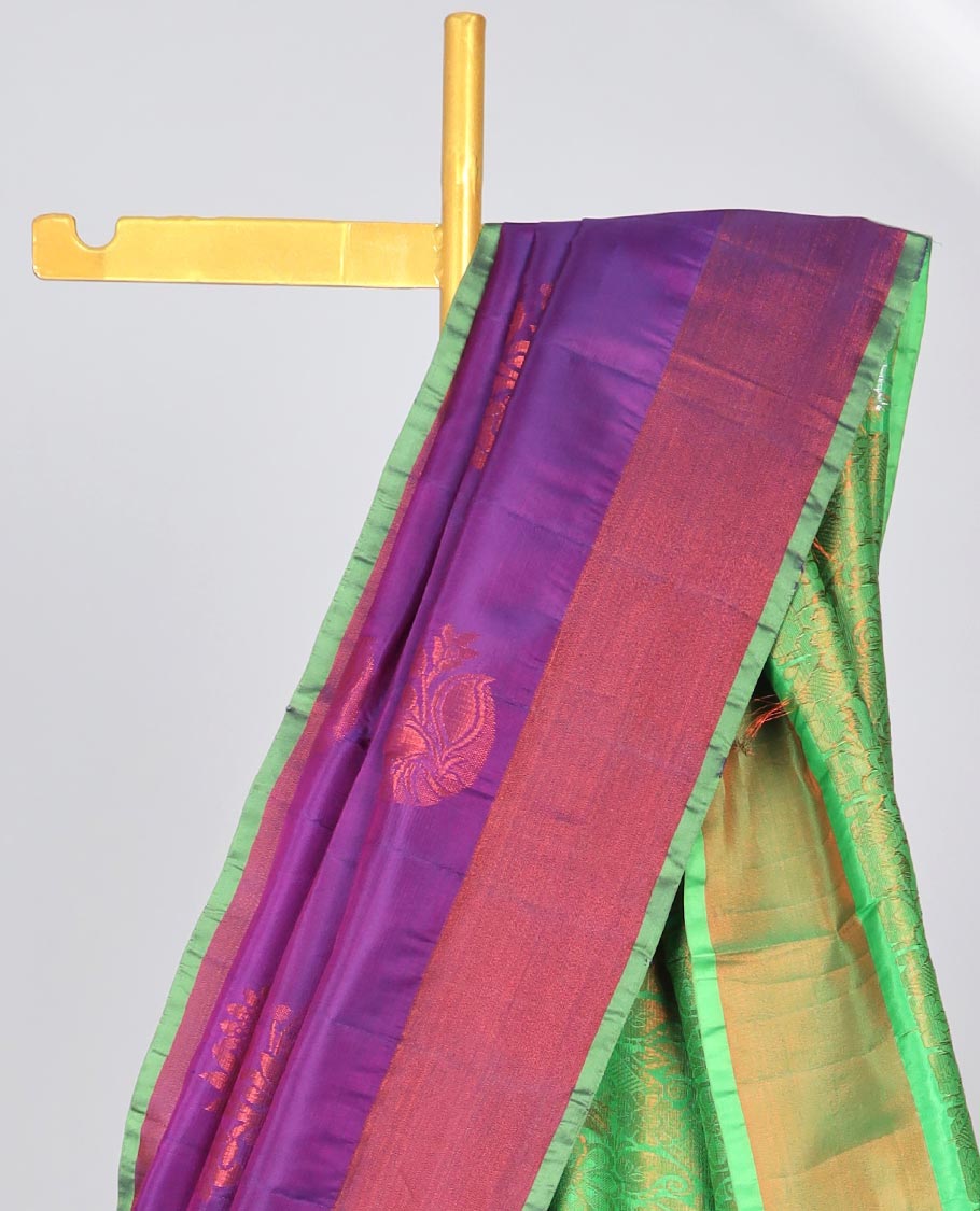 Purple uppada saree with zari buttas, contrast plain border & intricate pallu
