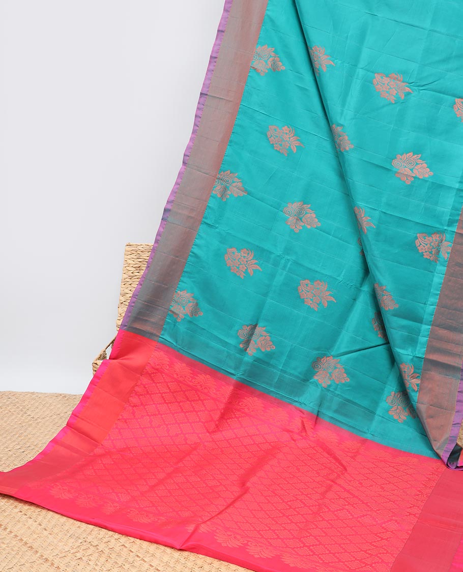 Blue zari buttas uppada saree, contrast plain border & jaal pallu