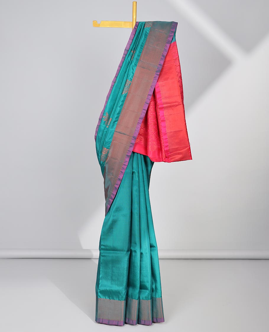 Blue zari buttas uppada saree, contrast plain border & jaal pallu