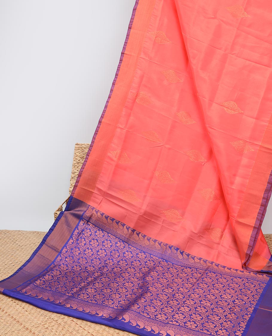 Peach zari buttas uppada saree, contrast plain border & floral design steeped pallu