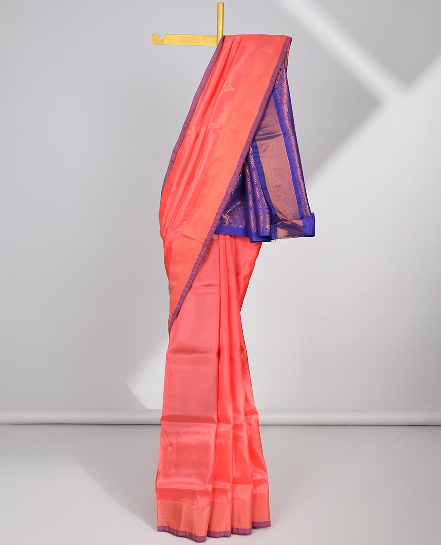 Peach zari buttas uppada saree, contrast plain border & floral design steeped pallu