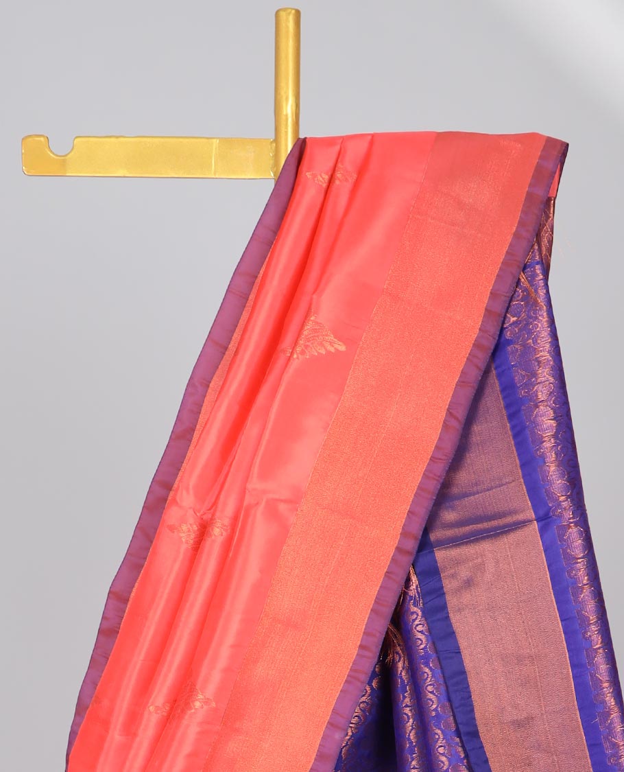 Peach zari buttas uppada saree, contrast plain border & floral design steeped pallu
