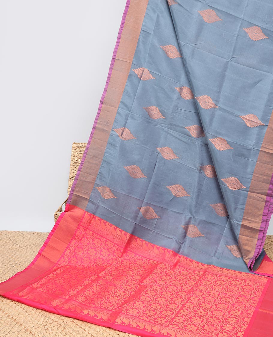 Blue zari buttas uppada saree, contrast plain border & floral design steeped pallu