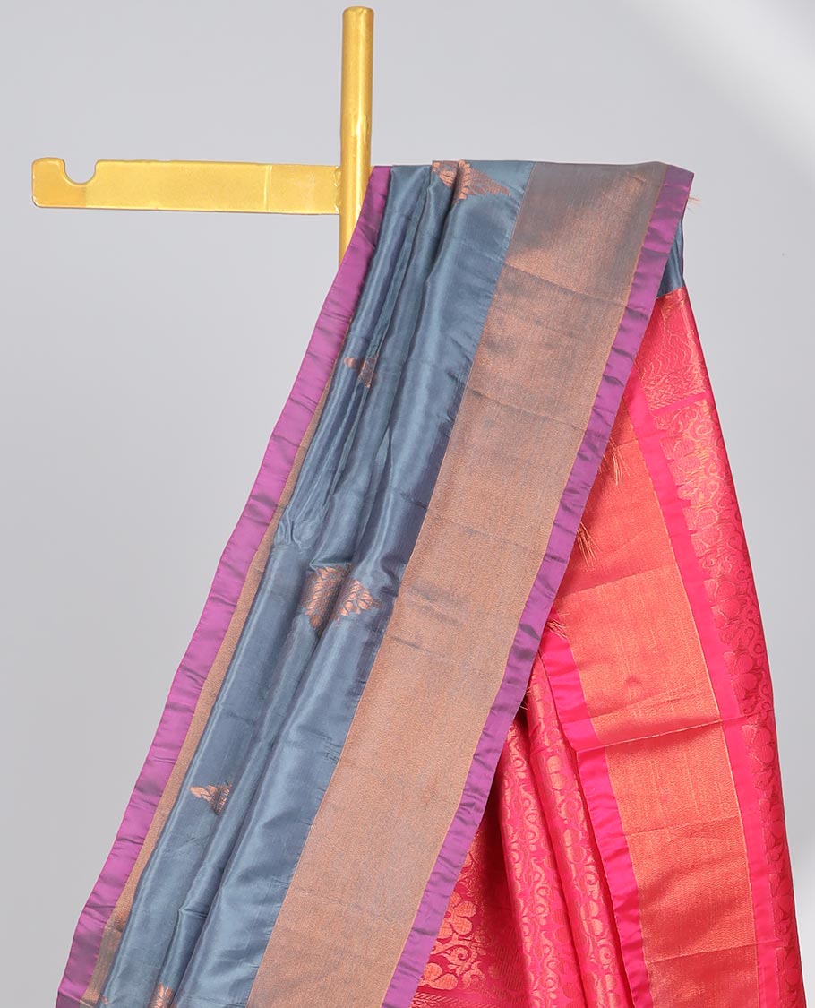 Blue zari buttas uppada saree, contrast plain border & floral design steeped pallu