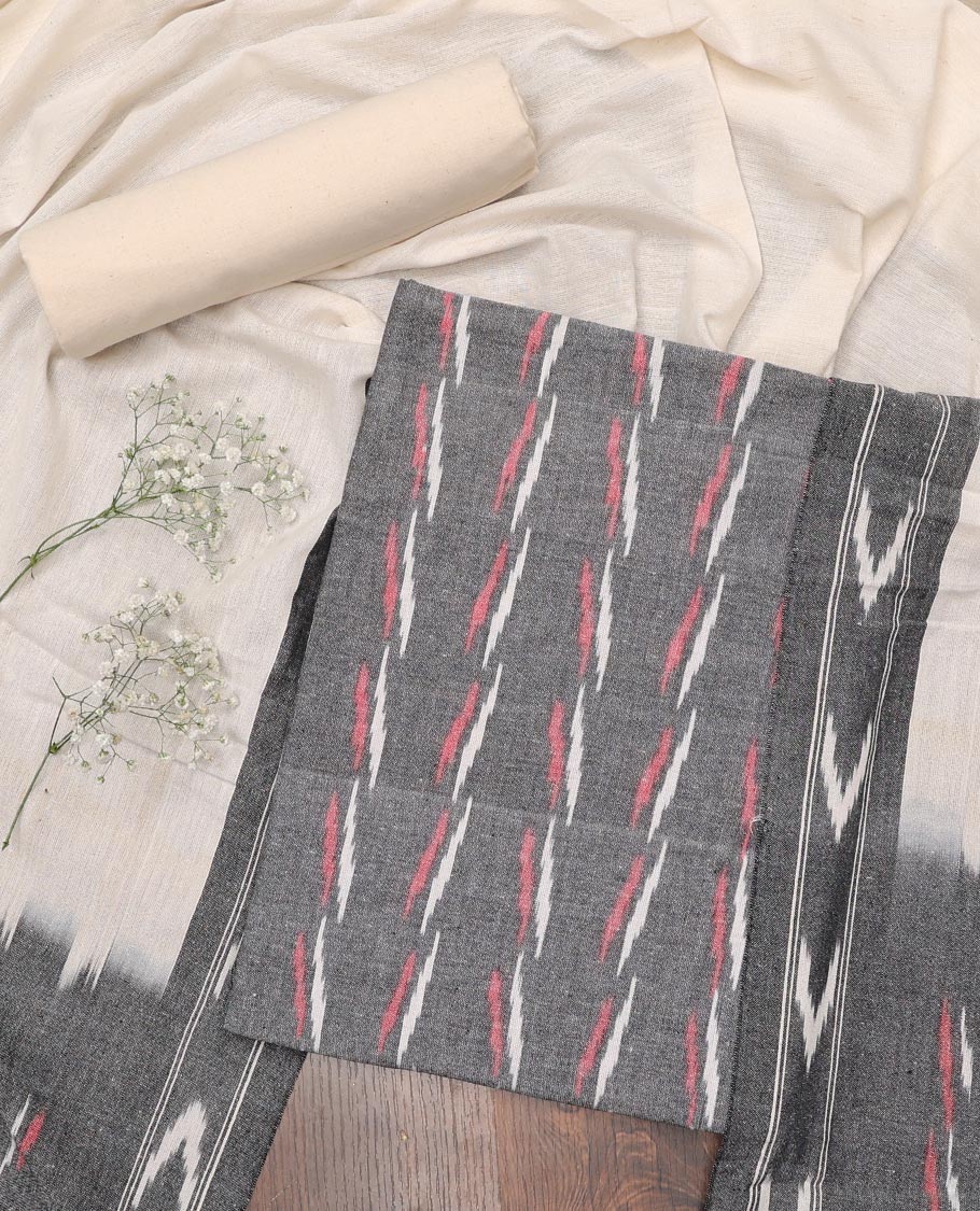 Grey material chudidhar set, ikkat buttas cotton top, contrast plain bottom & ikkat design dupatta