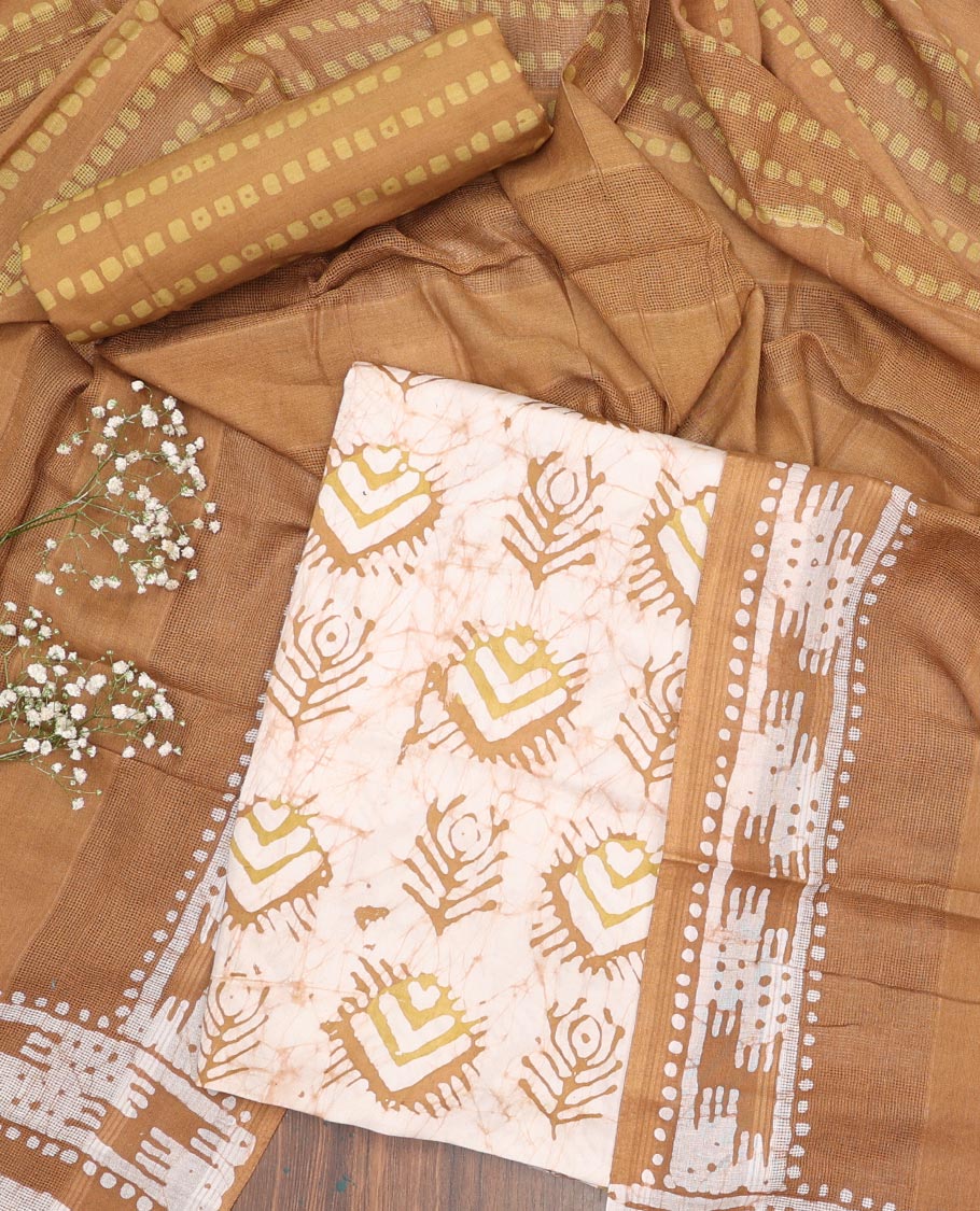Cream material chudidhar set, batik printed cotton top, contrast printed bottom & batik printed dupatta